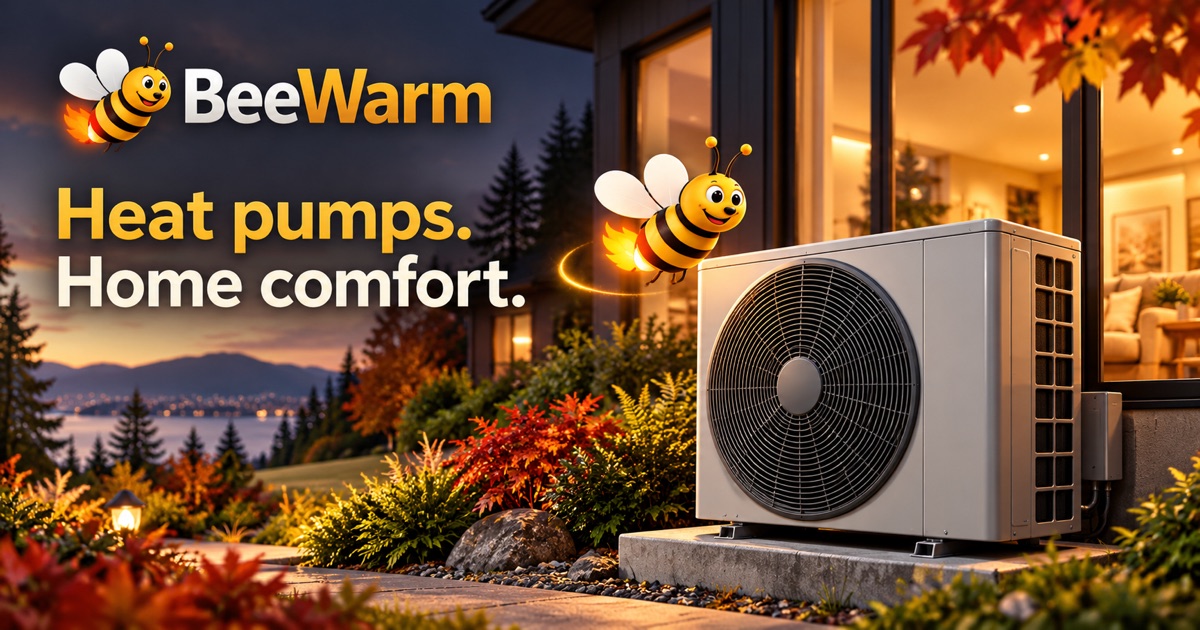 BeeWarm’s bee beside an outdoor heat pump at a home — illustrative brand concept