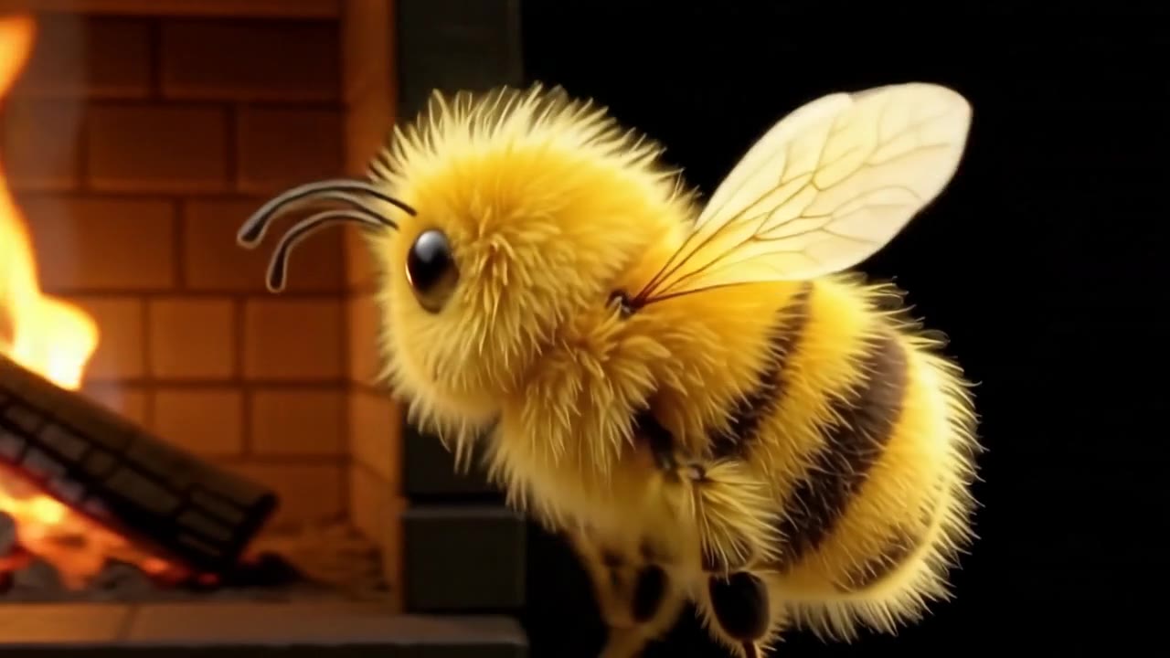 BeeWarm bee mascot relaxing beside a fireplace