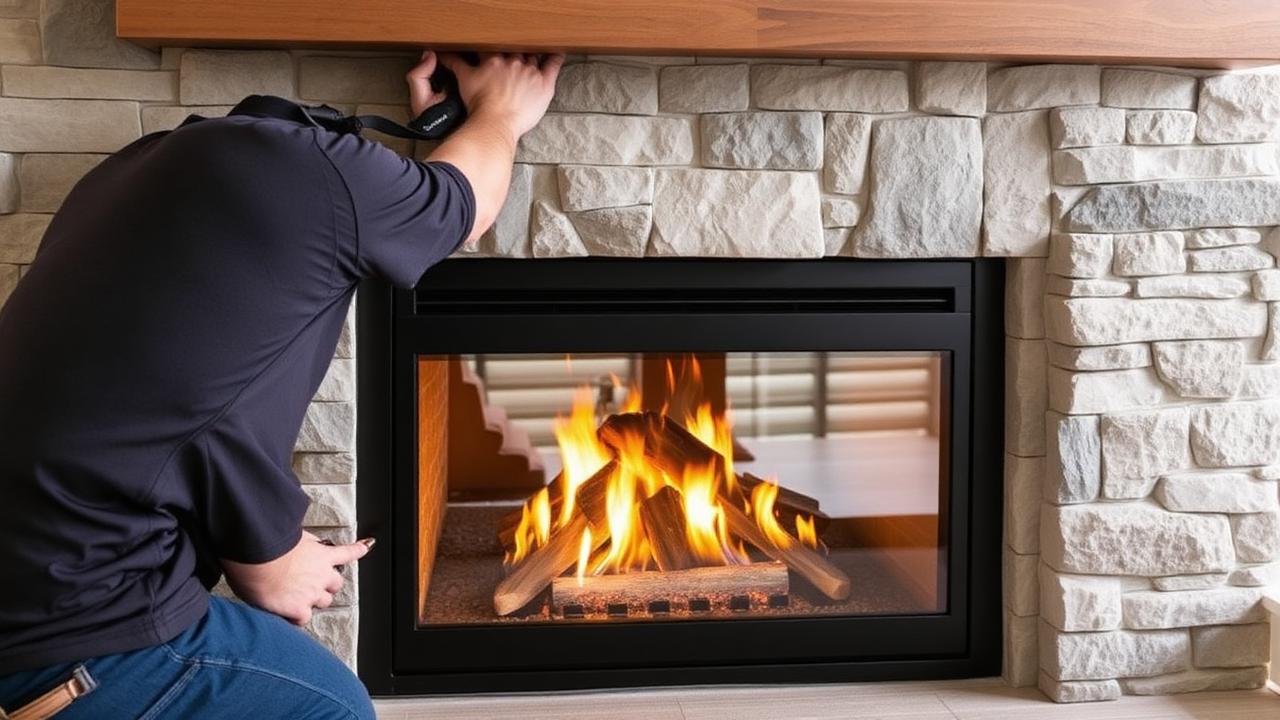 Illustration of a technician attending to a gas fireplace