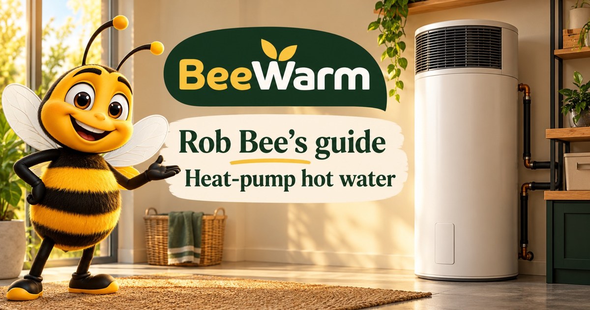Rob Bee mascot beside an illustrative hybrid heat-pump water heater