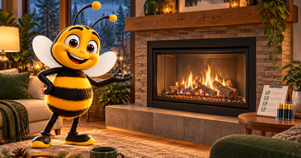 Rob Bee beside a warm enclosed gas fireplace — BeeWarm concept illustration